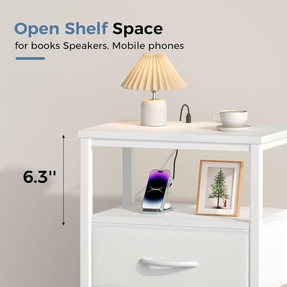 DUMOS Nightstand Set of 2 with Wireless Charging Station,Bedside Tables with Adjustable Fabric Drawers,3-Tier Storage End Tables with Open Shelf, Modern Small NightStands for Bedroom Furniture,White