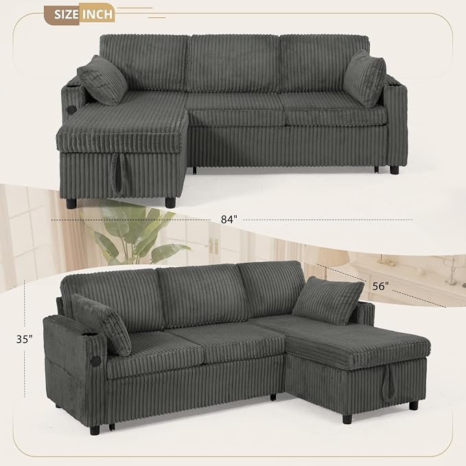 84" Corduroy Pull Out Sofa Bed w/Adjustable Backrests, Sectional L-Shape Sleeper Sofa w/Storage Chaise, Convertible Couch Bed w/USB Charging Port & Cup Holders for Living Room, House, Grey
