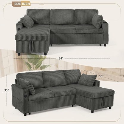 84" Corduroy Pull Out Sofa Bed w/Adjustable Backrests, Sectional L-Shape Sleeper Sofa w/Storage Chaise, Convertible Couch Bed w/USB Charging Port & Cup Holders for Living Room, House, Grey