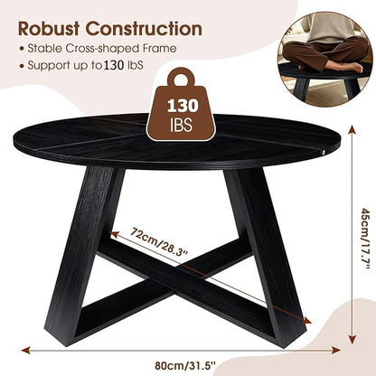 Black Round Coffee Table, 31.5" Modern Coffee Table for Living Room with Mountain Textures,Small Coffee Table with Open Storage, Circle Center Table with Cross Base, Easy Assembly