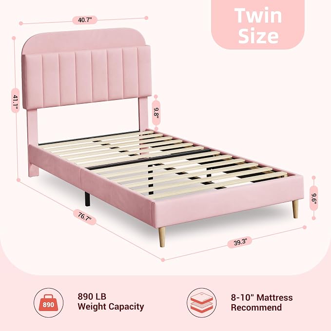 GarveeHome Twin Bed Frame with Storage Headboard, Velvet Upholstered Platform Bedframe for Kids, Girl Bed, Strong Wooden Slats, Noise-Free, Easy Assembly, No Box Spring Needed, Light Pink