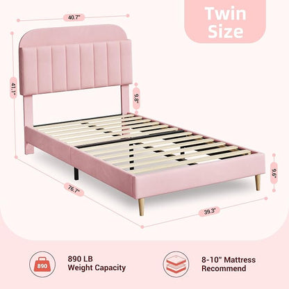 GarveeHome Twin Bed Frame with Storage Headboard, Velvet Upholstered Platform Bedframe for Kids, Girl Bed, Strong Wooden Slats, Noise-Free, Easy Assembly, No Box Spring Needed, Pink