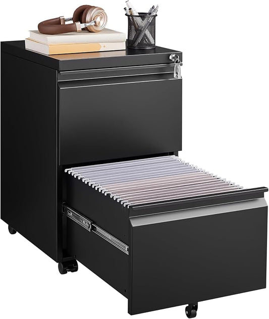 Approgreent 2 Drawer Metal File Cabinet, Fully Assembled Locking Filing Cabinet with Anti-Tipping Wheels, Quiet Slide, Heavy-Duty Steel Construction, Fits A4 Letter Legal for Home Office, Matte Black