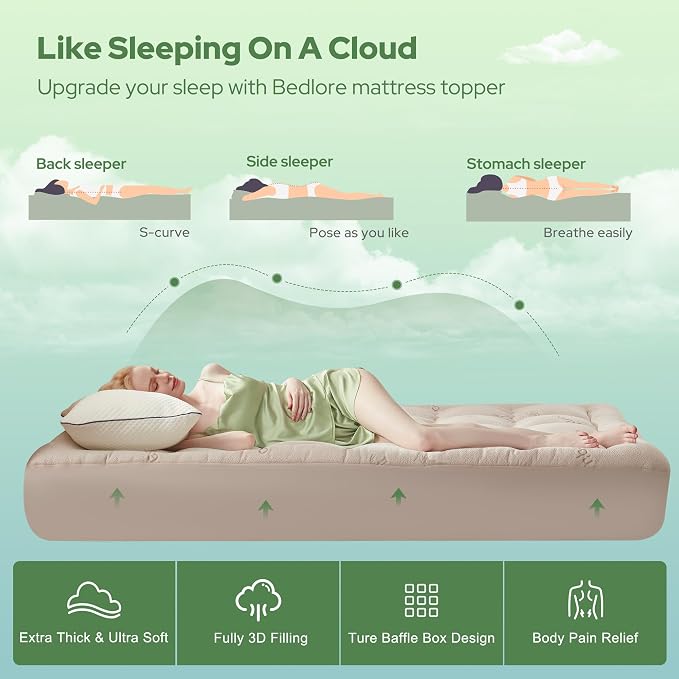 BEDLORE Twin Mattress Topper Viscose Derived from Bamboo, Thick Pillow Top Mattress Pad with Stretchable Pockets for 6"-15" Mattress, Soft Breathable Mattress Topper for Back Pain Relief(Beige)