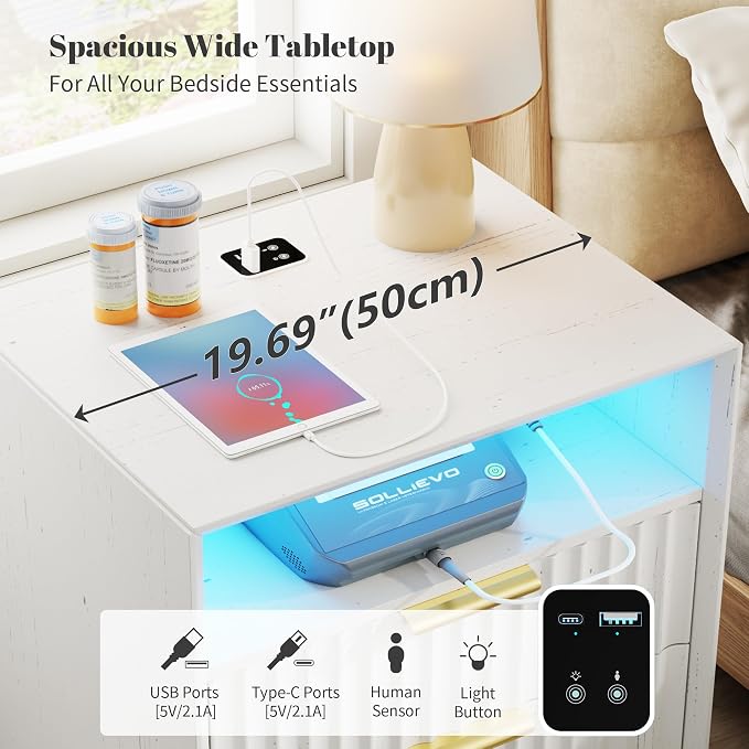 LVSOMT 24“ W Fluted LED Nightstand with Charging Station, RFID Lock, White | Bedside Table with Hidden Drawer, 2 Drawers, Open Cubby, Motion Sensor, USB and Type-C Ports, Night Stand for Bedroom