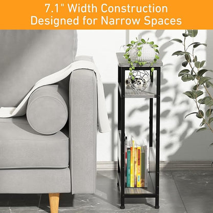 THUMEYE 7.1" Narrow Side Table for Small Spaces, 3 Tier Small End Table with Magazine Holder, Slim/Skinny Nightstand/Bedside Table for Living Room, Bedroom, 15.4" L x 24.2" H, Gray