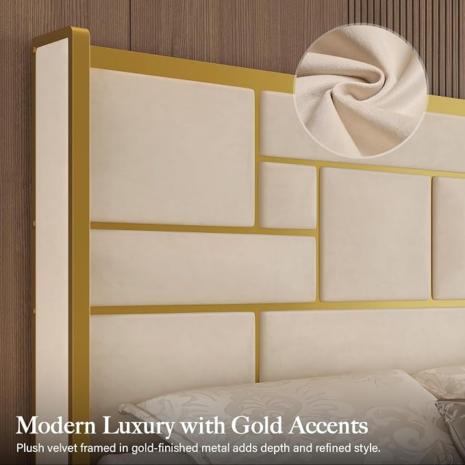 Queen Bed Frame with 55.12" Tall Headboard, Modern Luxury Velvet Upholstered Platform Bed with Gold Trim, Wide Wingback Design, Noise-Free, Easy Assembly, No Box Spring Needed, Beige