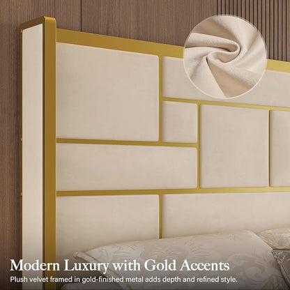 Queen Bed Frame with 55.12" Tall Headboard, Modern Luxury Velvet Upholstered Platform Bed with Gold Trim, Wide Wingback Design, Noise-Free, Easy Assembly, No Box Spring Needed, Beige