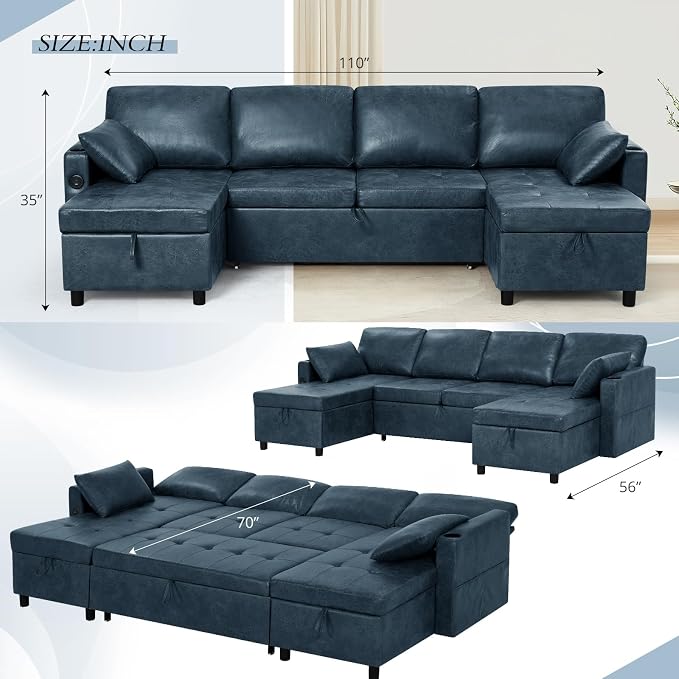 110 inches Suede Leather Sleeper Sofa w/Pull Out Bed, U-Shape Sectional Sofa Bed w/Adjustable Backrest and Storage Chaises, 4-Seats Upholstered Sofa Bed w/USB Port for Living Room, Blue