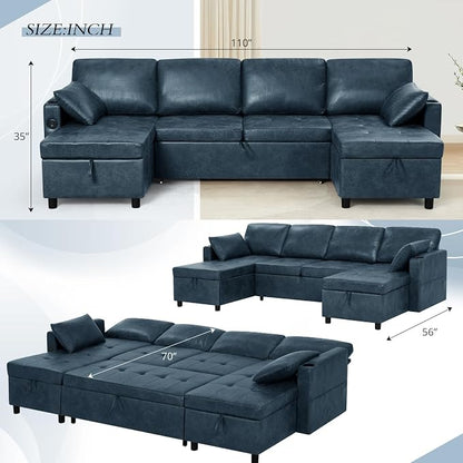 110 inches Suede Leather Sleeper Sofa w/Pull Out Bed, U-Shape Sectional Sofa Bed w/Adjustable Backrest and Storage Chaises, 4-Seats Upholstered Sofa Bed w/USB Port for Living Room, Blue