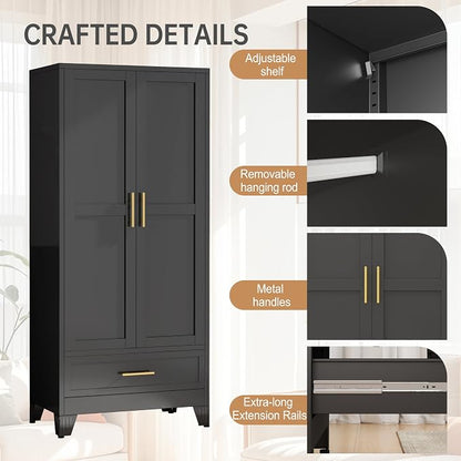 PAOFIN 71" Metal Armoire Wardrobe Closet Storage Cabinet with Hanging Rod,Metal Clothing Cabinet with 1 Drawer and Adjustable Shelf for Bedroom, Laundry Room(Black)