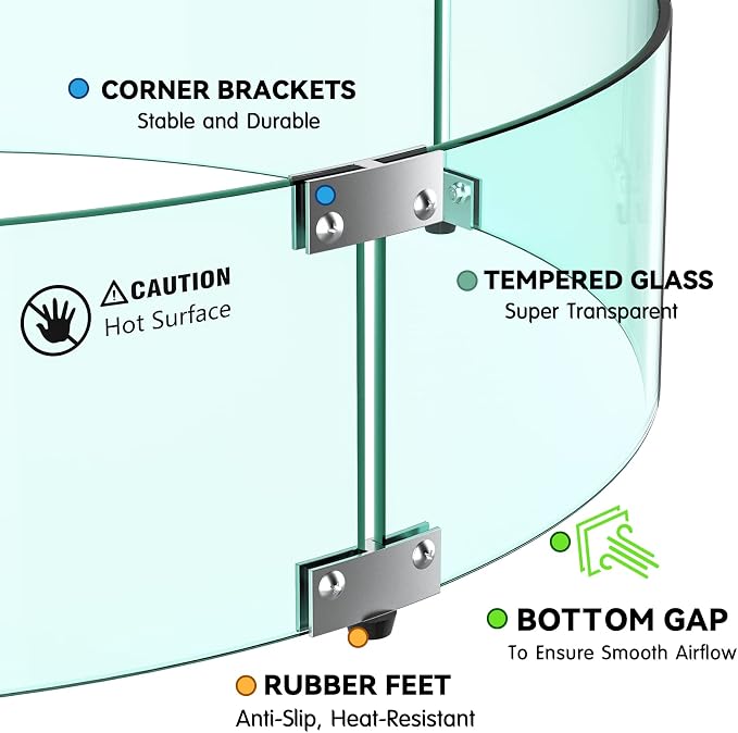 Skyflame 24" Round Fire Pit Glass Wind Guard, Thick & Clear Tempered Glass Flame Shield with Bracket & Feet, Fit for Outdoor Propane/Natural Gas Fire Pit/Table