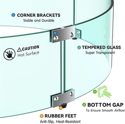 Skyflame 24" Round Fire Pit Glass Wind Guard, Thick & Clear Tempered Glass Flame Shield with Bracket & Feet, Fit for Outdoor Propane/Natural Gas Fire Pit/Table