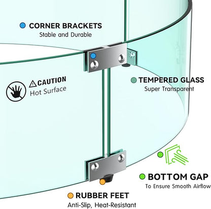 Skyflame 29" Round Glass Wind Guard, Upgraded Prevent Falling Apart Thick/Clear Tempered Glass Panel with Hard Aluminum Corner Bracket & Feet for 24" Round Fire Pit Burner Pans