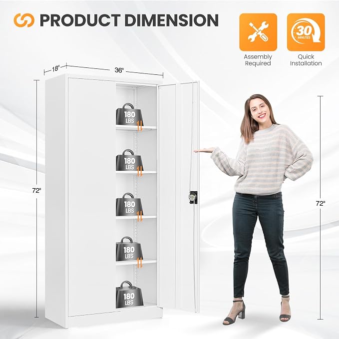 Metal Garage Storage Cabinets with Lock, 72" Tall Tool Cabinet with 2 Door and 4 Adjustable Shelves, Locking Garage Cabinets and Lockable Steel Locker for Home Office Warehouse - (White-72”H)