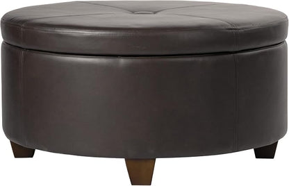 HomePop 32" Large Tufted Round Storage Ottoman - Vintage Brown Faux Leather