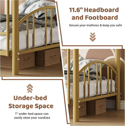 IDEALHOUSE Twin Over Twin Bunk Bed Frame, Twin Bunk Bed Frame with Heightened Arched Guardrail and Safety Ladder, Sturdy Steel Bed for School, Bedroom, Easy Assembly, Modern Gold