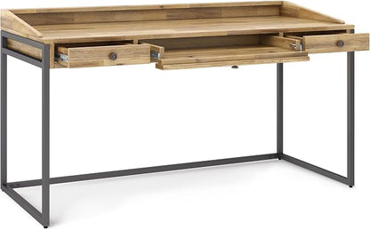 SIMPLIHOME Ralston Desk - 60 Inch Wide Solid Acacia Wood and Metal Writing Desk in Distressed Golden Wheat, Modern Industrial Home Office Computer Table with 2 Drawers and Flip-Down Keyboard Tray