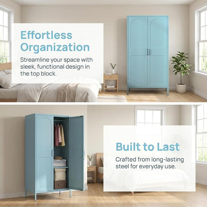 67" Industrial Lockable Metal 2-Door Wardrobe Storage Cabinet with Hanging Rod & Adjustable Shelves, Heavy Duty Multipurpose for Bedroom, Garage, Home Office, Blue 67" H X 31.5" W X 18.1" D