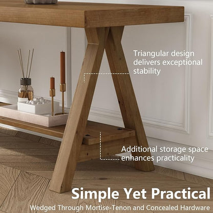 RowyPoey Solid Wood Bench, 39" Farmhouse Entryway Bench with Storage Shelf, Triangular Leg Design, Narrow Rustic Benches for Hallway, Bedroom, Dining, Kitchen, Easy Assembly