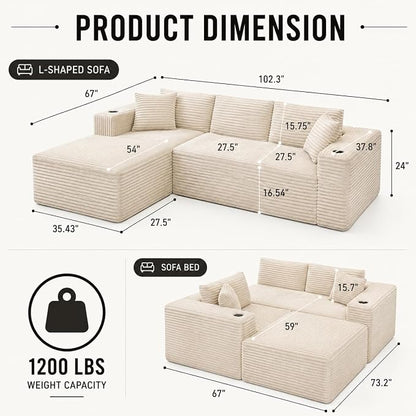 103” Cloud Sectional Couch, Convertible Boneless Couch, Modular L-Shaped Couch, Soft Friendly Fluffy Couch, No Assembly Required(Left-Facing, Beige)