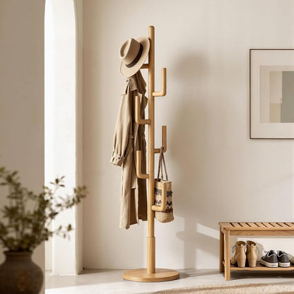 Coat Rack,Solid Wood Cactus Freestanding Coat RackWith 6 L-Shaped Hooks and 3 Adjustable Sizes,Coat Tree for Bedroom, Entryway, Livingroom, Coat Hanger Stand for Coats, Handbags (Natural)