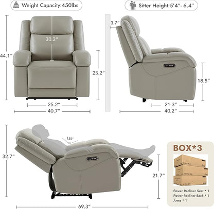 Watson & Whitely Oversized Genuine Leather Power Recliner Chairs for Big and Tall, Wall Hugger Recliner with Power Headrest & Charging Ports, Extra Large Reclining Chair for Living Room, Grey