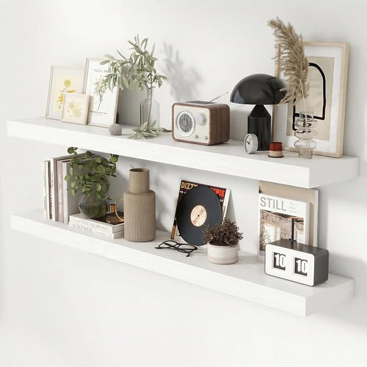 Heimlove 51 Inch Floating Shelves for Wall 8 Inch Deep White Shelves Set of 2,Wall Mounted Rustic Wood Long Floating Shelf，Large Display & Storage Shelf with Invisible Brackets