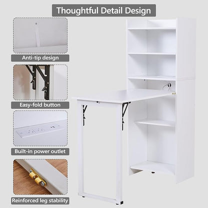 Foldable Desk with Storage,Hidden Desk with Built-in Socket,Fold Out Writing Table for Small Spaces,Home Office and Bedroom (White)