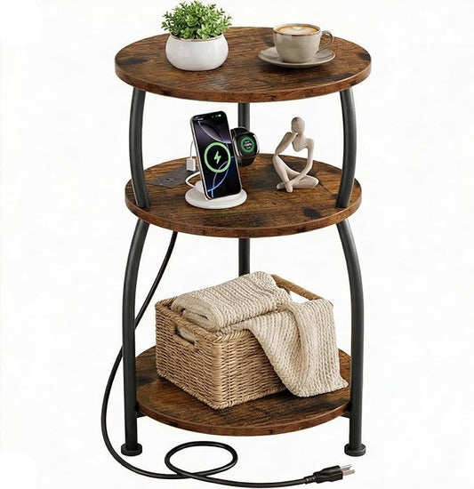 Round Side Table with Power Outlet & USB Ports, 3-Tier End Table with Storage Shelf, 15.7" Wide Nightstand for Small Spaces, Tall Bedside Table Capable of Charging Laptops & Phones, Rustic Brown