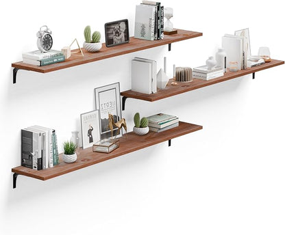 Deep Floating Shelves, 12 Inch Extra Wide Solid Wood Wall Shelves, 60 Inch Long Heavy Duty Wall Mounted Bookshelf for Living Room, Kitchen and Bedroom, Set of 3 (Brown)