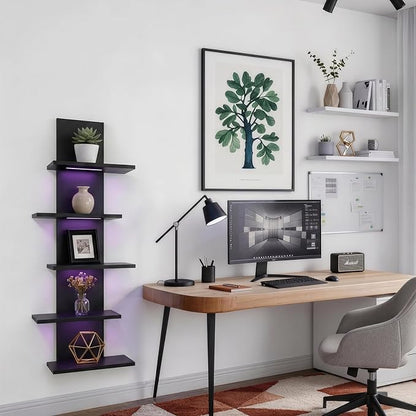 VIWODS 5 Tier Wall Shelf Unit-Black Floating Shelves with Light for Home Decor, Modern Unique Asymmetric Design for Bedroom & Living Room Storage