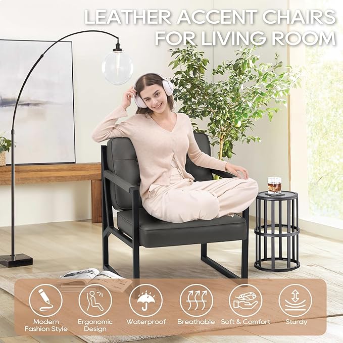 COLAMY Accent Chairs Set of 2, Modern Accent Arm Chairs for Living Room, Comfy Leather Armchairs with Metal Legs for Bedroom Reception Room, Grey