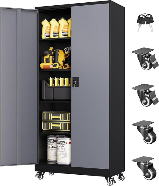 Metal Garage Cabinet with Wheels, Tall Storage Cabinet with 4 Adjustable Shelves and 2 Doors, Lockable Tool Cabinet for Garage Home Office,Gym,School (Black-Gray)