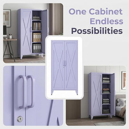 X-Shaped Door Kitchen Pantry Cabinets with Lockable and Adjustable partitions Metal Storage Cabinet 61" H Metal Pantry Cabinetfor Cupboard/Dining Room/Bathroom/Living Room/Office/Laundry Room