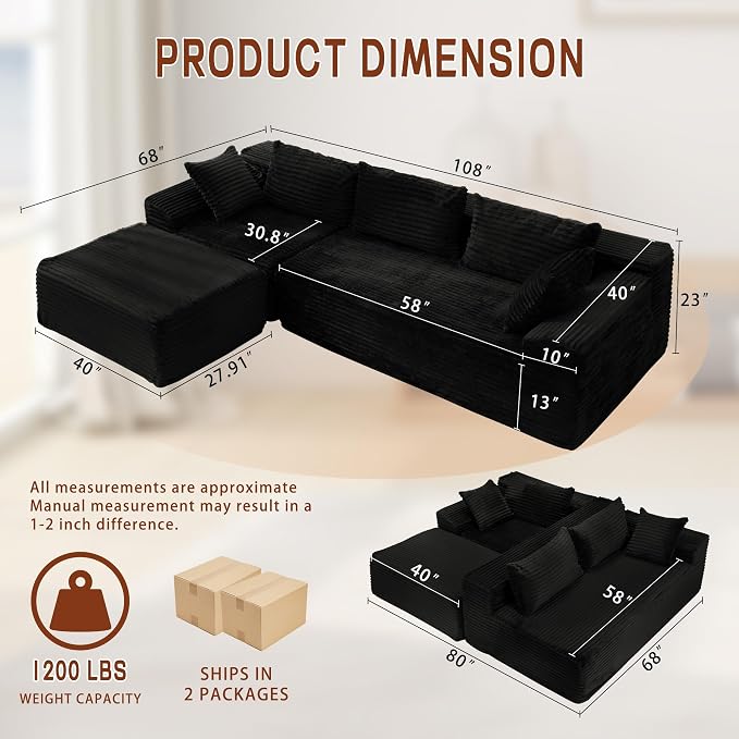 Korser 108" L-Shaped Modular Sectional Sofa with Chaise, Boneless Comfy Corduroy Fluffy Couch with Deep Seat and Side Pockets, Flexible Module Combination for Living Room, No Assembly, Side Pockets