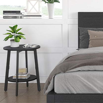 sthmec Side Table Set of 2, Small Round End Table with Storage Shelf for Small Space, 2-Tier Black Bedside Table Sofa Couch Table, Nighstands Set of 2 Accent Table for Living Room, Bedroom, Black