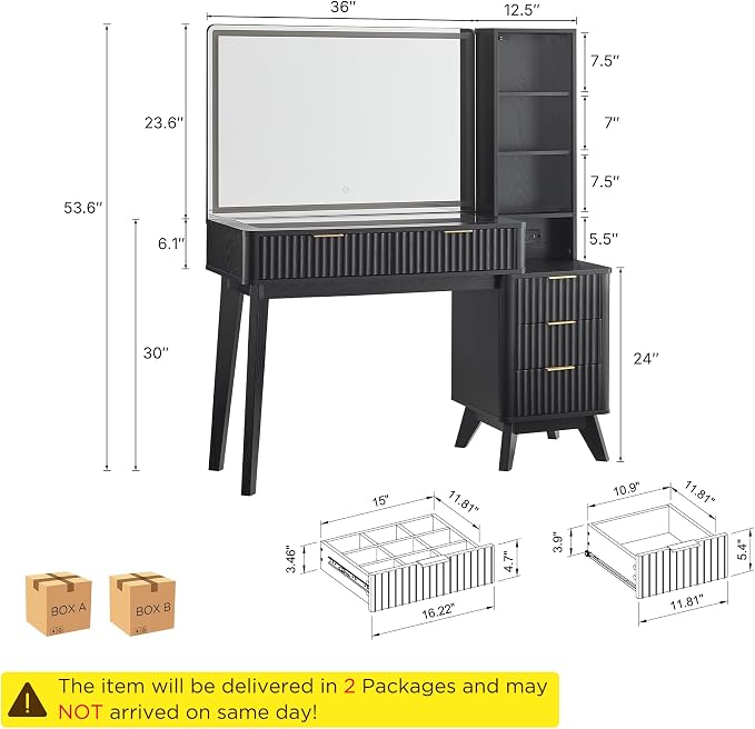 T4TREAM 48" Fluted Makeup Vanity Desk with Large 36" Mirror and Lights, Modern Glass Top Big Vanity Table w/5 Drawers & Adjustable Shelves, Dressing Table w/Charging Station for Bedroom, Black