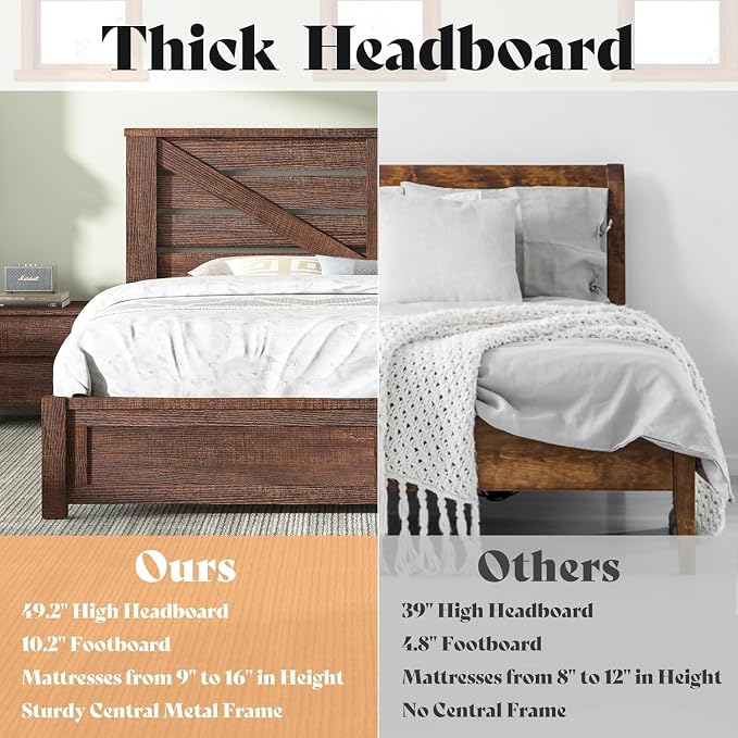 AMERLIFE King Size Bed Frame with 49.2" Barn Door Headboard and Footboard, Rustic Farmhouse Platform Bed Frame with Wood Slats, No Box Spring Needed, Under Bed Storage, Reclaimed Barnwood