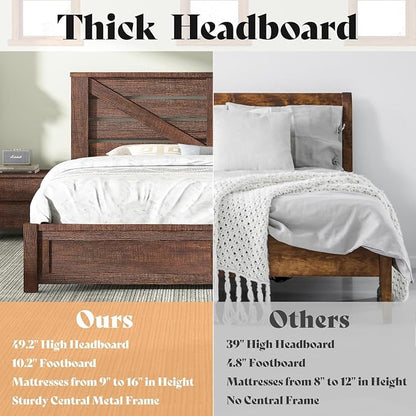 AMERLIFE King Size Bed Frame with 49.2" Barn Door Headboard and Footboard, Rustic Farmhouse Platform Bed Frame with Wood Slats, No Box Spring Needed, Under Bed Storage, Reclaimed Barnwood