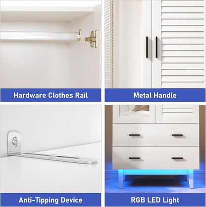 Hlivelood 2 Door Armoire Wardrobe Closet Cabinet with Mirror, Drawers and LED Lights, Multi-Tier Shelves, Hanging Rod & 2 Louver Doors, Large Capacity Storage Wardrobe Armoire for Bedroom, White