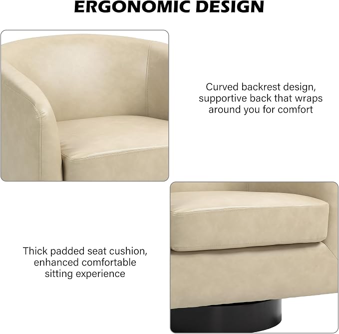 Swivel Barrel Accent Chair, Modern Round Faux Leather Arm Chair for Living Room, Bedroom, Comfy Club Reading Chairs for Adults(Faux Leather, Cream, Set of 1)