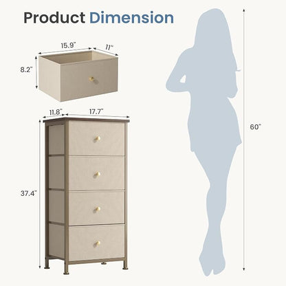 DUMOS Nightstand with 4 Drawers Bedside Table with Removable Fabric Bins Sturdy Steel Frame Wood Top Organizer Furniture for Bedroom Closet Living Room, Tan