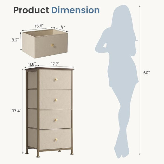 DUMOS Nightstand with 4 Drawers Bedside Table with Removable Fabric Bins Sturdy Steel Frame Wood Top Organizer Furniture for Bedroom Closet Living Room, Tan