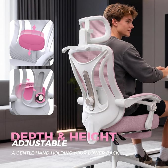 CYKOV Ergonomic Office Chair with Footrest - Adjustable Lumbar Support & Headrest, 90-135° Reclining Mesh Back Computer Chair - Home Office/Gaming, 350lbs Capacity