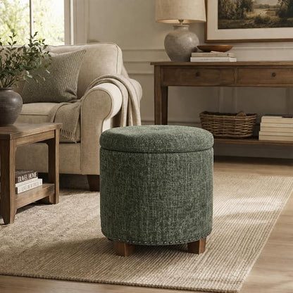 HomePop 18.5" Round Storage Ottoman with Nailheads - Green Clover Fabric