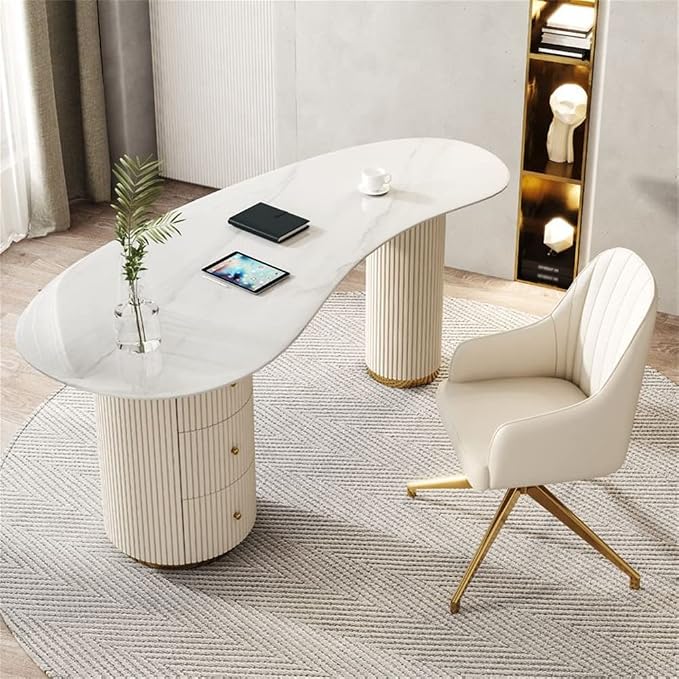 LAKIQ Modern Sintered Stone Writing Desk with 3 Drawers White Howe Office Working Pedestal Table Home Desktop Computer Desk Home Office Writing Desk with Storage-Table Only(63" L x 27.6" W x 29.5" H)