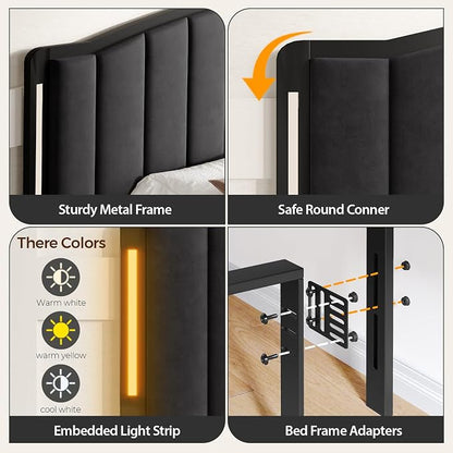 Headboard for Queen Size Bed with LED Lights, Upholstered Vertical Channel Tufting Head Boards, Velvet Headboard Only, Attach Frame, Ideal for Bedroom, Dorm, Guest Room, Black