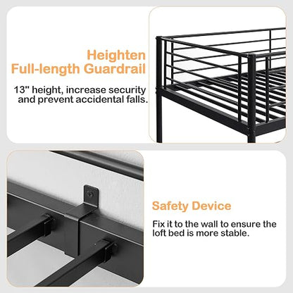 VECELO Metal Loft Bed Twin Size with Desk, Heavy Duty Bedframe with Removable Ladder and Safety Guardrail, Space-Saving, Noise Free, No Box Spring Needed, Matte Black