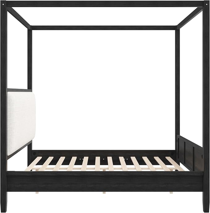 Merax King Size Canopy Bed with Upholstered Headboard, Wooden Platform Bed Frame with 4-Posters, Solid Wood Slat Support, No Box Spring Needed